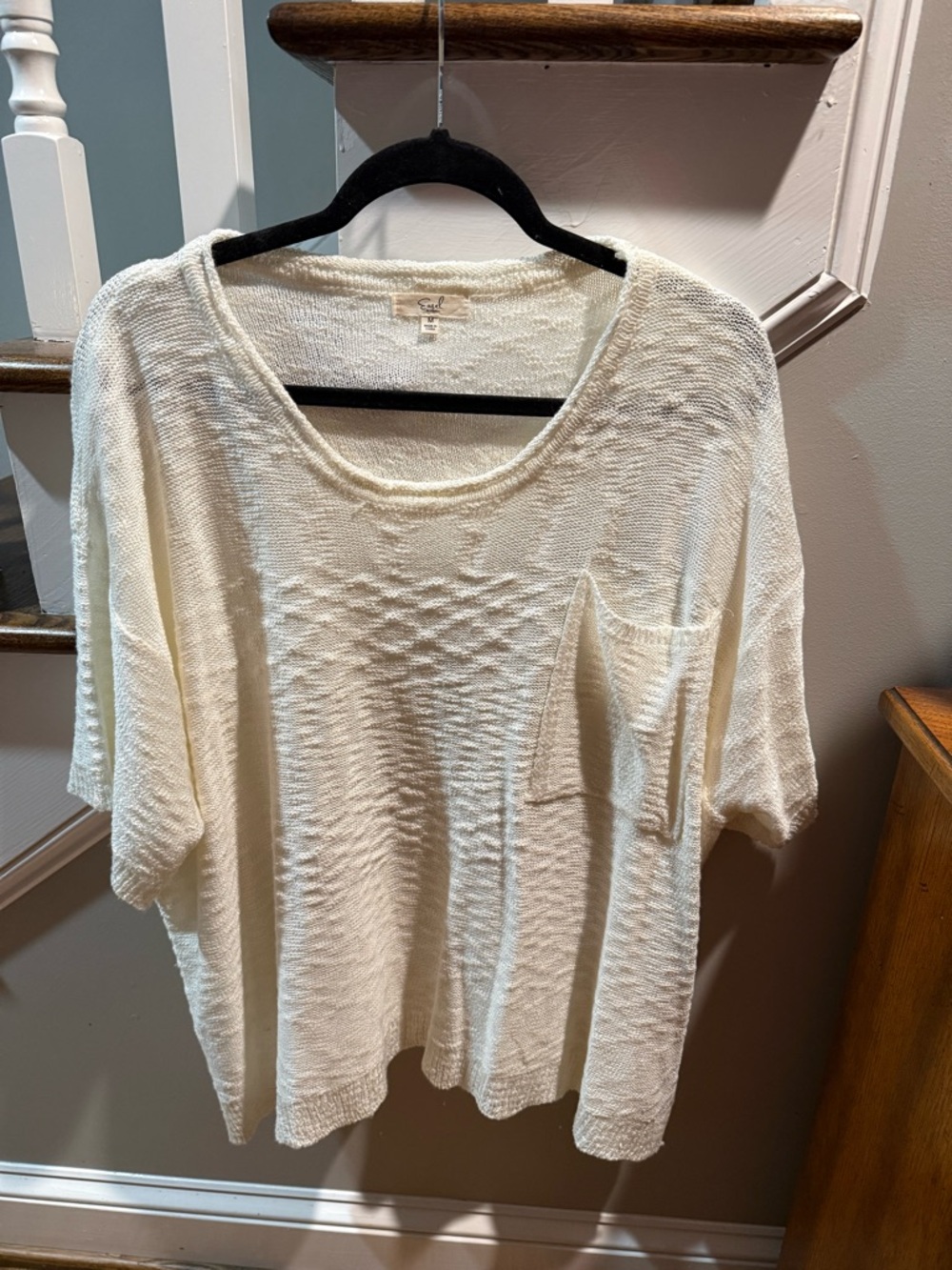 Relaxed Cream Short-Sleeve Knit Tunic with Pocket